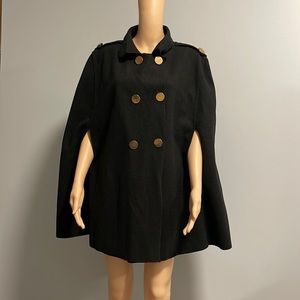 Black Wool Cape Coat with Gold Buttons, Fits both Medium and Large Sizes.